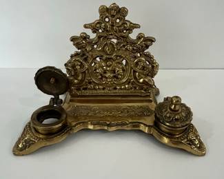 Ornate Brass Double Inkwell Set with Cherubs and Foliate Decoration