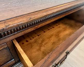 Antique Jacobean Revival Carved Oak Sideboard Cabinet