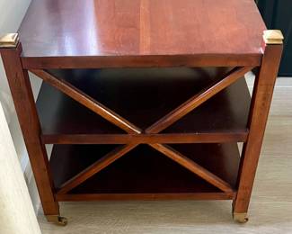 Mahogany Two-Tiered Side Table with Brass Accents and X-Brace Detail
