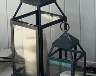 Set of Two Black Metal and Glass Lanterns with Candles