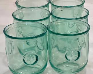 Set of 6 Italian Green Glass Tumblers with Fleur-de-lis Emblem