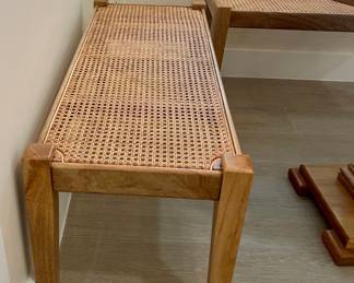 Round Pedestal Dining Table with Two Cane Benches