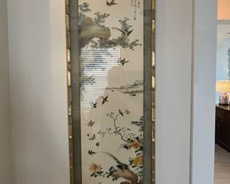 Vintage Chinese Silk Painting of Birds and Flowers with Calligraphy