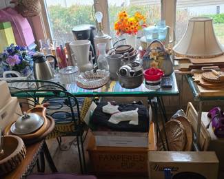 Great green metal glass top table with 4 matching chairs.  