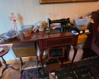 Antique Singer sewing machine plus lots of sewing supplies