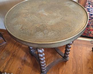 Oak turned legs, brass top table
