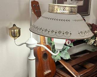 Vintage White and Brass Toleware Accent Lamp with Decorative Shade