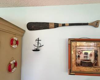 Vintage Nautical Decor Set: RMS Queen Mary & Queen Elizabeth Life Preservers, Ship Diorama Shadow Box, and Painted Oar