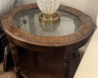 Round Burl Wood and Glass Coffee Table