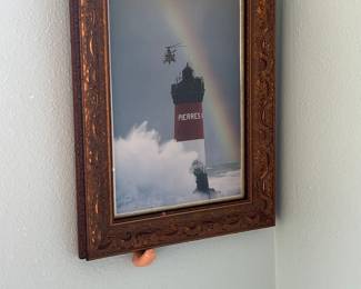 Framed Print of "La Jument" Lighthouse with Helicopter and Rainbow by Jean Guichard