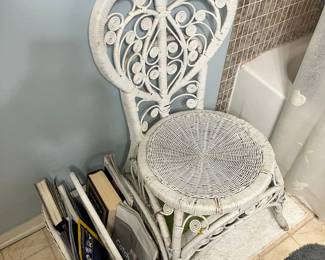 White Wicker Peacock Chair with Magazine Rack