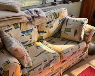 Sailboat Pattern Sofa with Throw Pillows