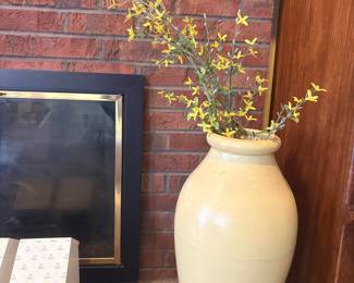 Large Yellow Ceramic Vase with Forsythia Branches
