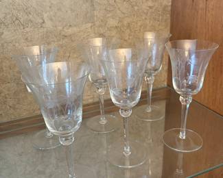 Set of 6 Vintage Etched Floral Crystal Wine Glasses