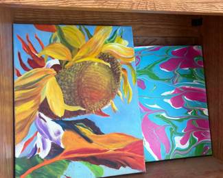 Two Contemporary Acrylic Paintings: Sunflower and Abstract Swirl by Marcia Baldwin