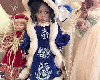 Victorian Porcelain Doll in Blue Velvet Dress
