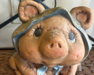 Vintage Mother Pig Figurine with Blue Bonnet