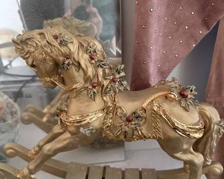 Gold-Tone Rocking Horse Figurine with Holly and Berries