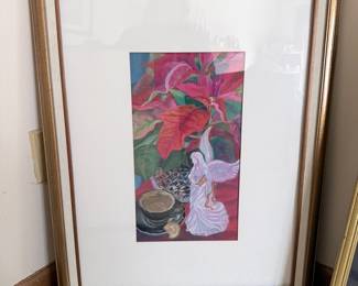 Framed Poinsettia and Angel with Coffee Still Life Painting