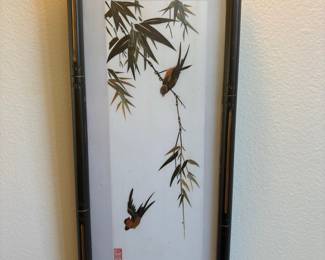 Vintage Chinese Silk Embroidery of Birds and Bamboo