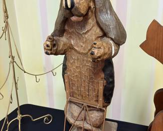 Carved Wooden Basset Hound Figurine with Tusk