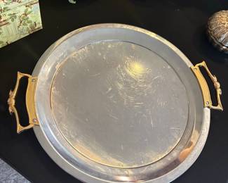 Vintage Kromex Chrome Serving Tray with Gold Tone Handles