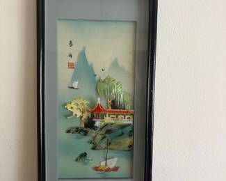 Vintage Chinese Carved Mother of Pearl and Stone Inlay Landscape Scene in Black Frame