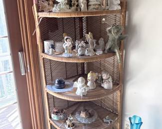 Vintage Wicker Corner Shelf with Ceramic Angel Figurines