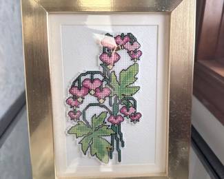 Framed Cross-Stitch of Bleeding Hearts