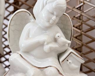 White Porcelain Angel with Bird and Birdhouse Figurine