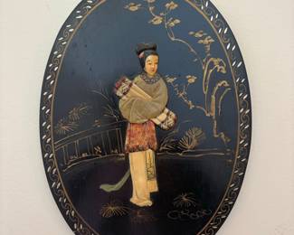 Antique Chinoiserie Black Lacquer Wall Plaque with Mother of Pearl Inlay