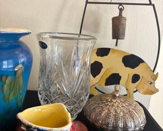 Assorted Decorative Collectibles: Crystal Vase, Blue Glazed Vase, Ceramic Shoe, and Metal Pig with Bells