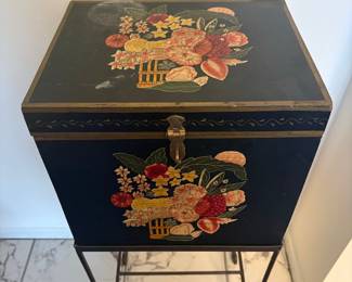 Vintage Black Lacquer Hand-Painted Floral Trunk with Stand