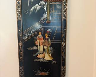Vintage Black Lacquer Mother-of-Pearl Inlay Wall Panel with Geishas