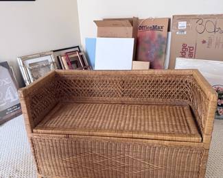Vintage Wicker Storage Bench with Diamond Pattern Back