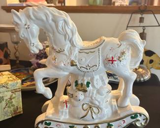 White Ceramic Rocking Horse Figurine with Christmas Embellishments - Likely Lenox or San Francisco Music Box Company