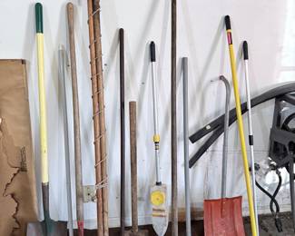 Assorted Garden and Yard Tools with DeckMate Pool Skimmer and Rubbermaid Mop