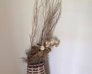 Woven Basket with Gold Painted Birch Branches and Eucalyptus Leaves