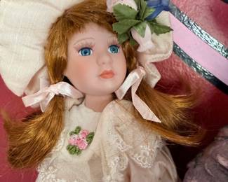 Porcelain Doll with Bonnet and Lace Dress