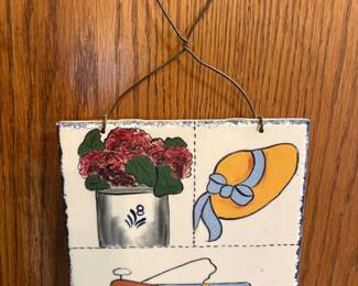 Hand-Painted Ceramic Plaque with Floral, Hat, and Angel Motif