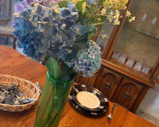 Artificial Hydrangea and Mixed Flower Arrangement in Green Glass Vase