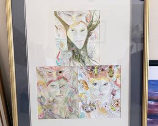 Surrealist Mixed Media Artwork - Triptych of Faces