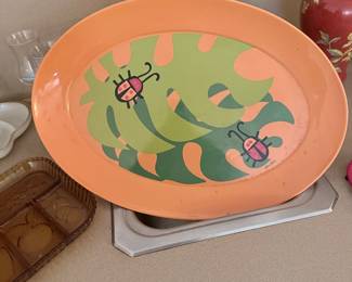 Vintage Melamine Serving Platter with Ladybug and Monstera Leaf Design by Allen Oies