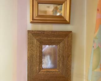 Set of Two Decorative Mirrors: Rectangular Gold and Square Wood-Grain