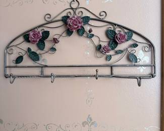 Wrought Iron Wall Shelf with Rose Embellishments and Hooks