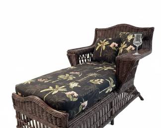Vintage Wicker Chaise Lounge with Tropical Floral Upholstery