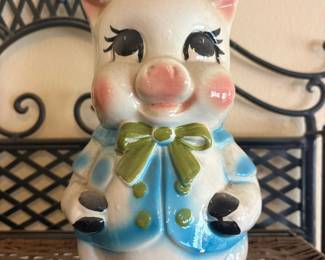 Vintage Ceramic Piggy Bank Figurine in Blue Jacket and Polka Dots