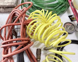 Assorted Air Hose, Extension Cord, and Tire Pressure Gauge Lot