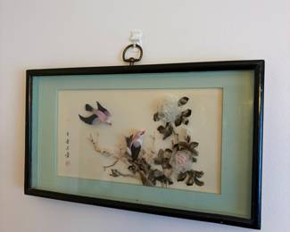 Vintage Chinese Mother of Pearl and Shell Art Shadow Box with Birds and Flowers