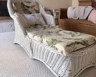 Vintage White Wicker Chaise Lounge with Tropical Leaf Cushions